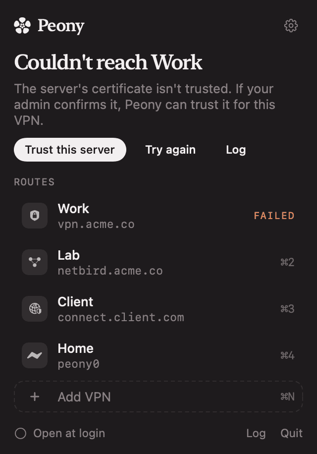 Peony's panel after a connection failed, naming the certificate problem
