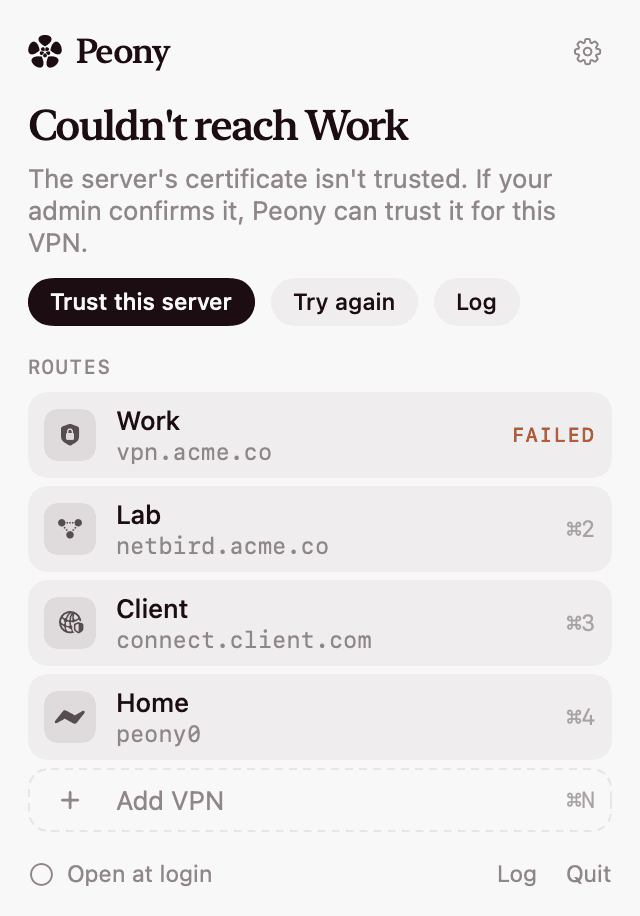 Peony's panel after a connection failed, naming the certificate problem