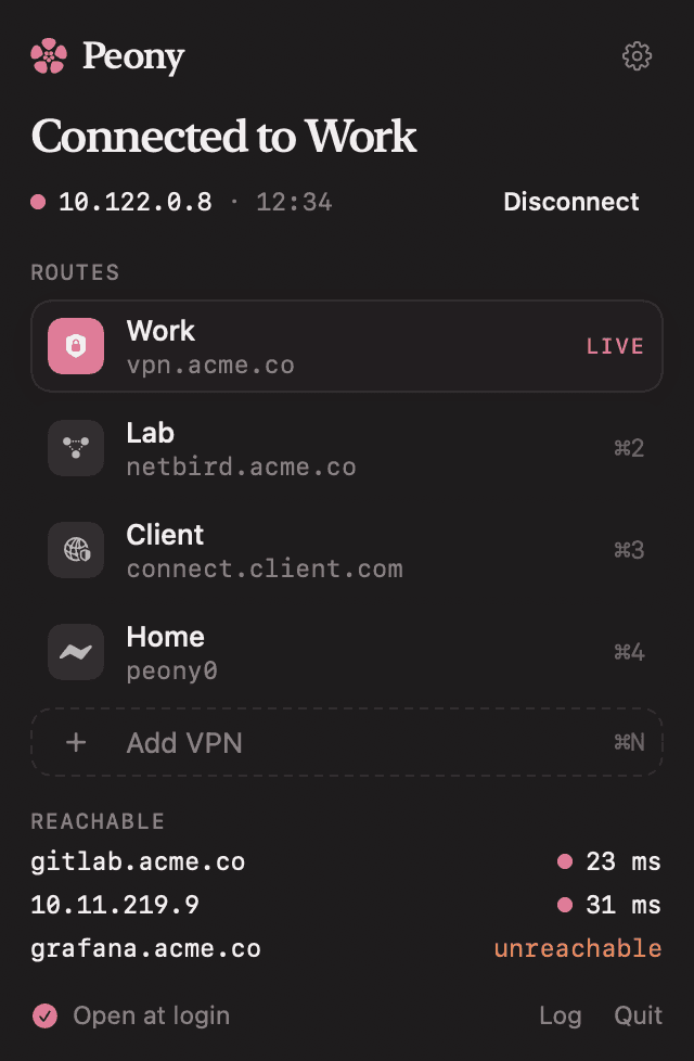 Peony's panel, connected to Work, with reachable hosts and their latency