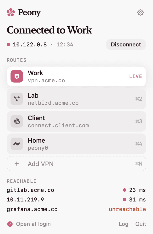 Peony's panel, connected to Work, with reachable hosts and their latency