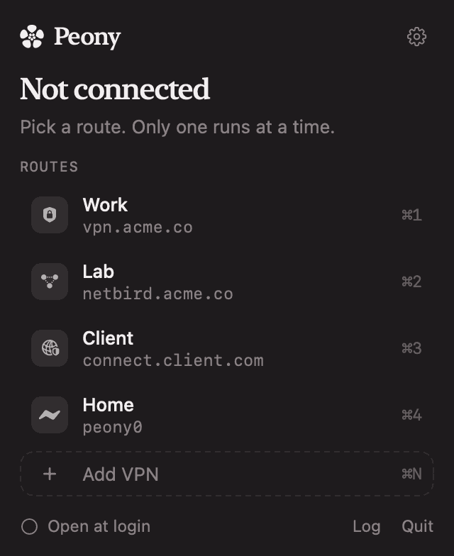 Peony's panel with four routes and nothing connected