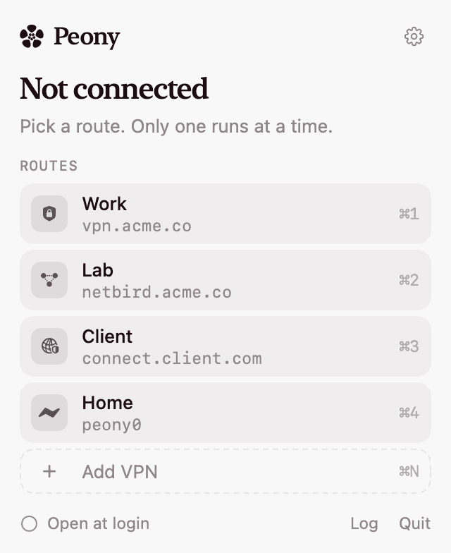 Peony's panel with four routes and nothing connected